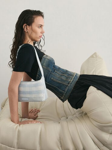 Ida Checkered Knitted Shoulder Bag, Sea Salt Blue, hi-res