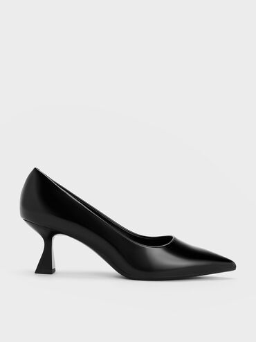 Pointed-Toe Flare Heel Pumps, หนังเงาสีดำ, hi-res