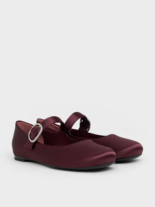 Jannie Satin Crystal-Buckle Mary Janes, Burgundy, hi-res
