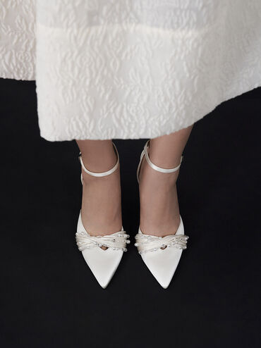 Leda Beaded Satin Ankle-Strap Pumps, White, hi-res