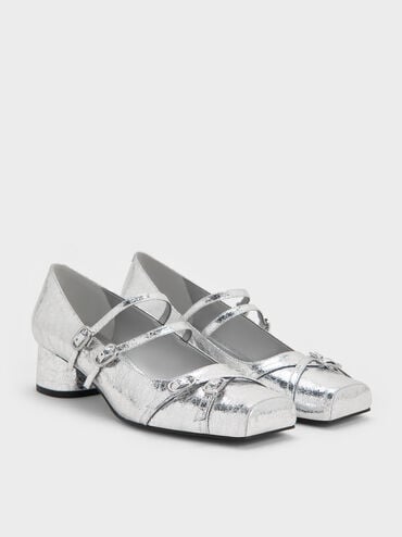Metallic Crinkle-Effect Double-Strap Mary Jane Pumps, Silver, hi-res