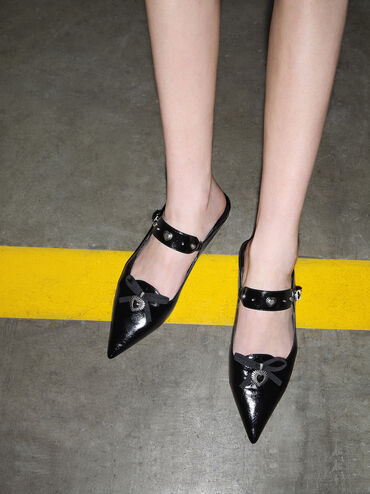Studded Heart-Embellished Pointed-Toe Mary Janes, Black, hi-res
