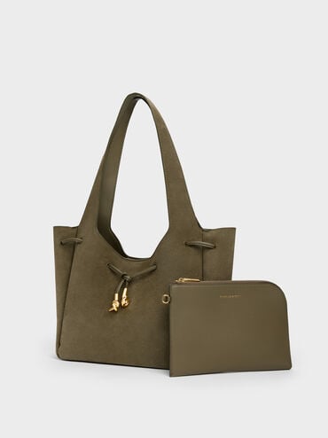 Mila Recycled Suede Metallic-Knot Drawstring Tote Bag, Deep Olive, hi-res