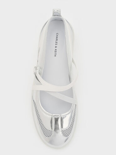 Metallic Mesh Two-Tone Ballet Sneakers, Silver, hi-res