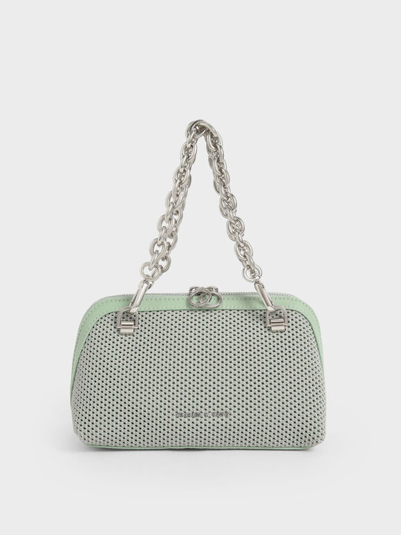 Chain Handle Two-Way Zip Knitted Crossbody Bag, Sage Green, hi-res