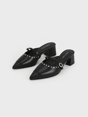 Studded Pointed-Toe Block Heel Mules, , hi-res