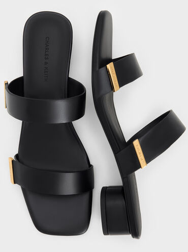 Metallic-Accent Double-Strap Heeled Sandals, Black, hi-res