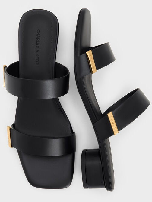 Metallic-Accent Double-Strap Heeled Sandals, Black, hi-res