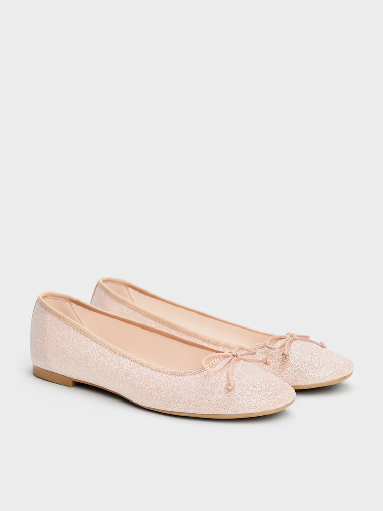 Glittered Mesh Bow Ballet Flats, Pink, hi-res