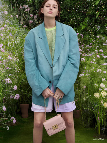 กระเป๋าถือสายโซ่ดีไซน์ลายควิลท์รุ่น Alva, สีชมพูอ่อน, hi-res
