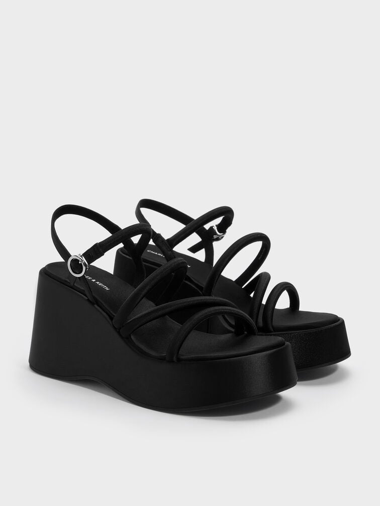 Lindon Satin Strappy Platform Wedges, Black Textured, hi-res