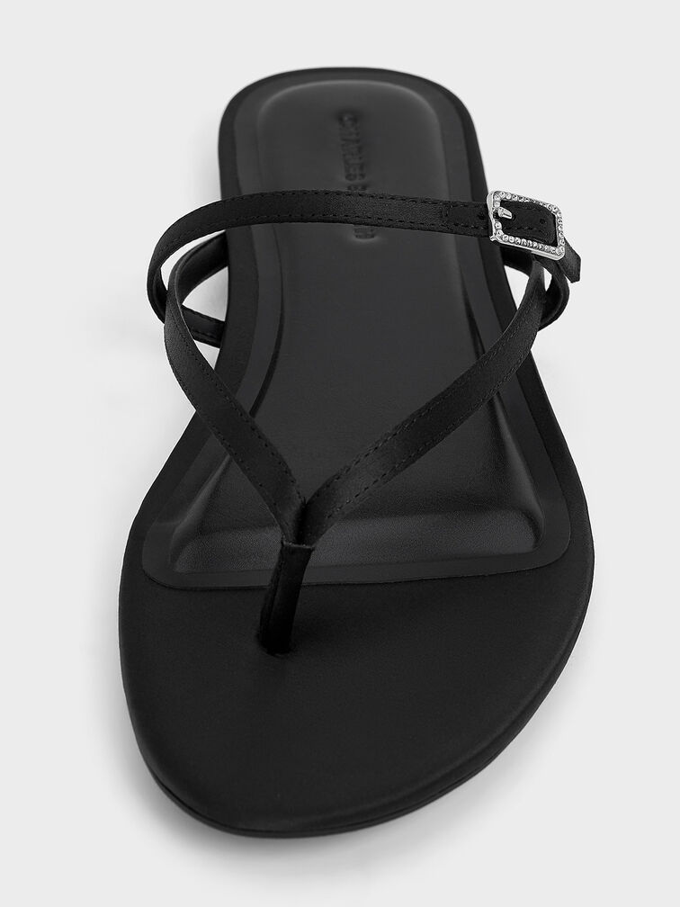Satin Crystal-Buckle Strappy Thong Sandals, Black Textured, hi-res