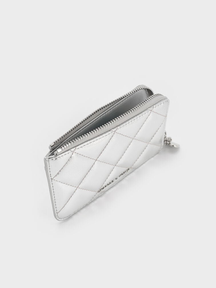 กระเป๋าสตางค์ลายควิลท์ดีเทลซิปรอบพร้อมประดับชาร์มรูปหัวใจโบว์รุ่น Arrietty, สีเงิน, hi-res