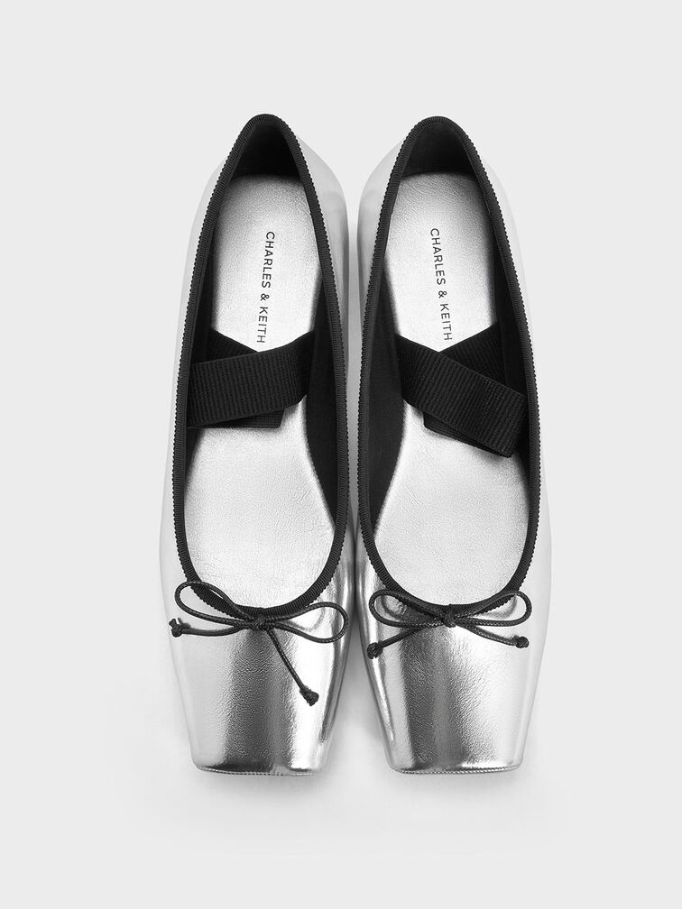 Metallic Square-Toe Mary Jane Ballet Flats, Silver, hi-res