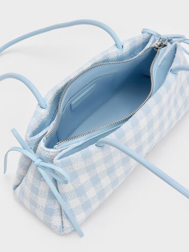 Hazel Gingham Bow Elongated Shoulder Bag, Gingham Blue, hi-res