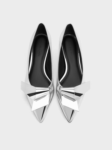 Metallic Sculptural Knot Pointed-Toe Flats, Silver, hi-res