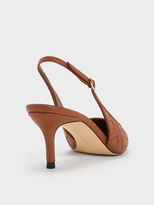 Woven Pointed-Toe Slingback Pumps, Brown, hi-res
