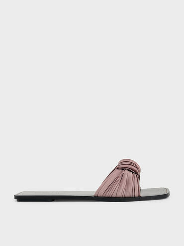 Pleated Fabric Knotted Slide Sandals, , hi-res
