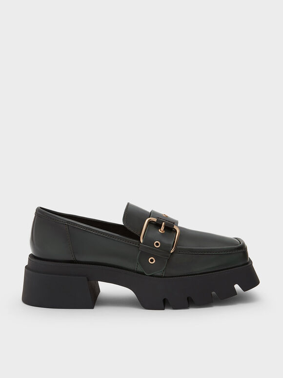 Fay Buckled Chunky Penny Loafers, Green, hi-res