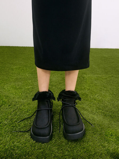 Textured Fur-Lined Ridged-Sole Ankle Boots, Black, hi-res