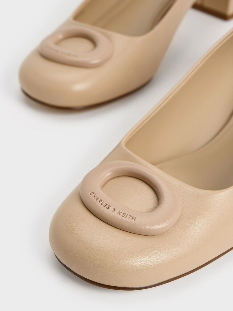 Oval Trapeze-Heel Pumps, Beige, hi-res