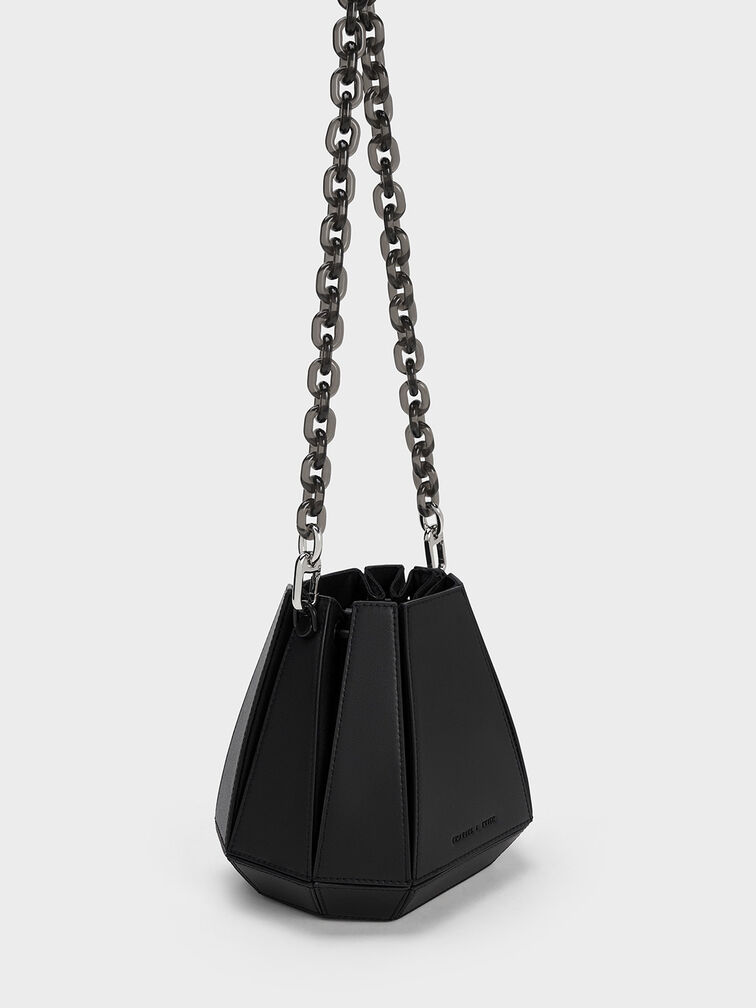 Geometric Structured Bucket Bag, Black, hi-res