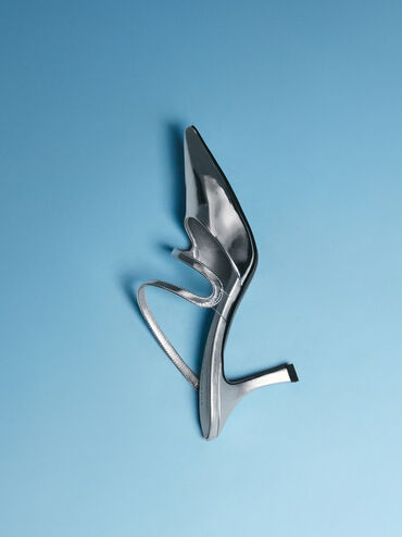 Arden Metallic Pointed Wavy Heeled Mules, Silver, hi-res