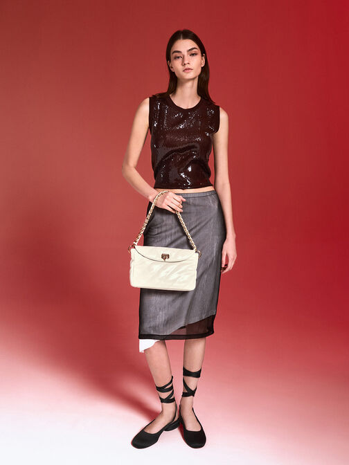 กระเป๋าสะพายไหล่ลายเส้นดีไซน์ที่ปิดด้านหน้ารุ่น Fawn, สีครีม, hi-res