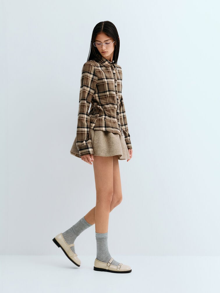 รองเท้าแมรี่เจนลายฉลุพร้อมสายรัดแบบคู่, สีเบจ, hi-res