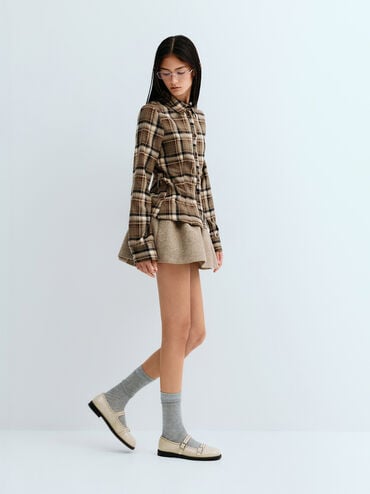 รองเท้าแมรี่เจนลายฉลุพร้อมสายรัดแบบคู่, สีเบจ, hi-res