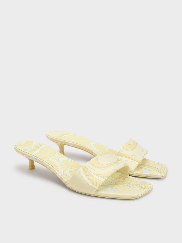 Swirl-Print Kitten-Heel Mules, Yellow, hi-res