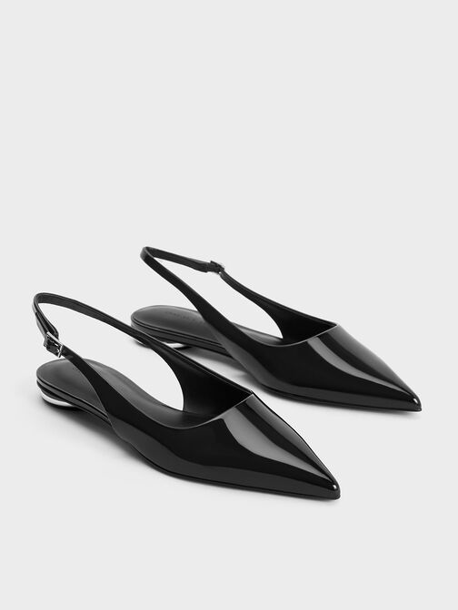 Patent Pointed-Toe Slingback Flats, หนังแก้วสีดำ, hi-res