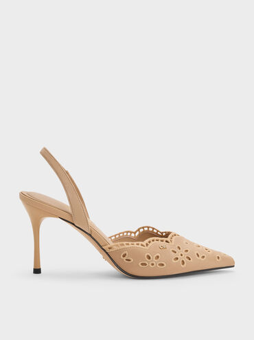Leather Embroidered Pointed Slingback Pumps, Beige, hi-res