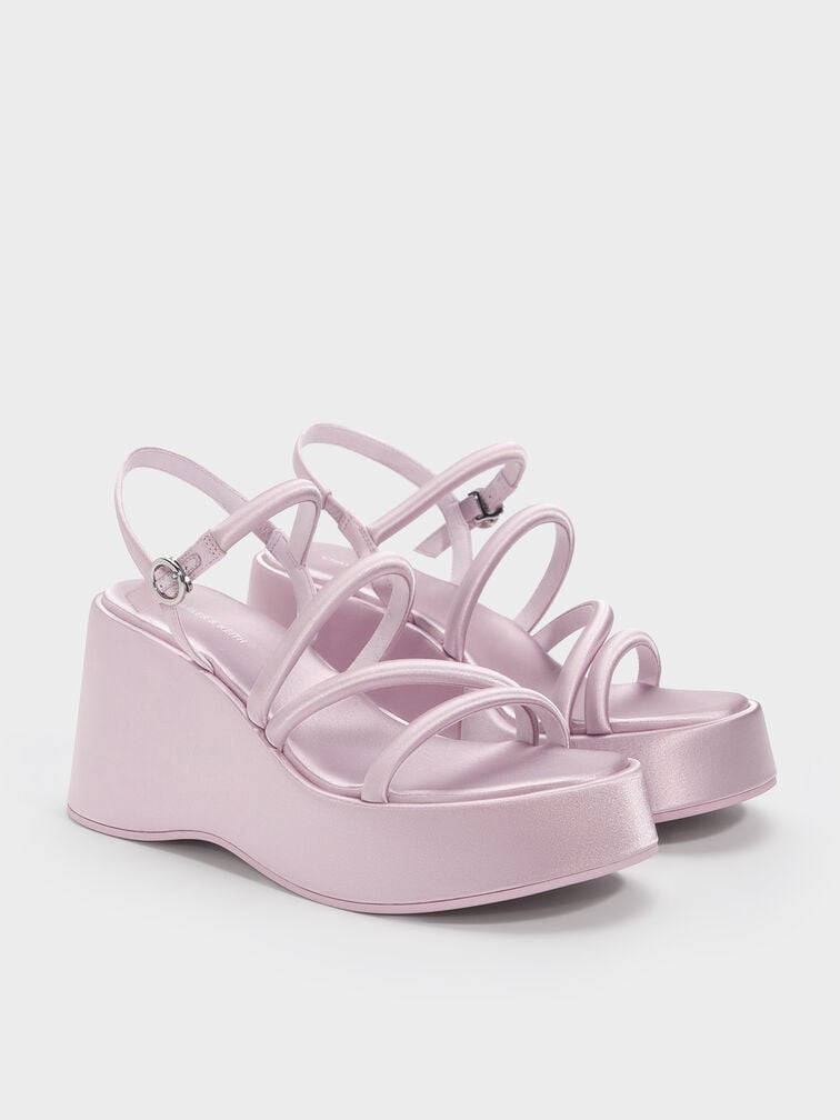 Lindon Satin Strappy Platform Wedges, Pink, hi-res