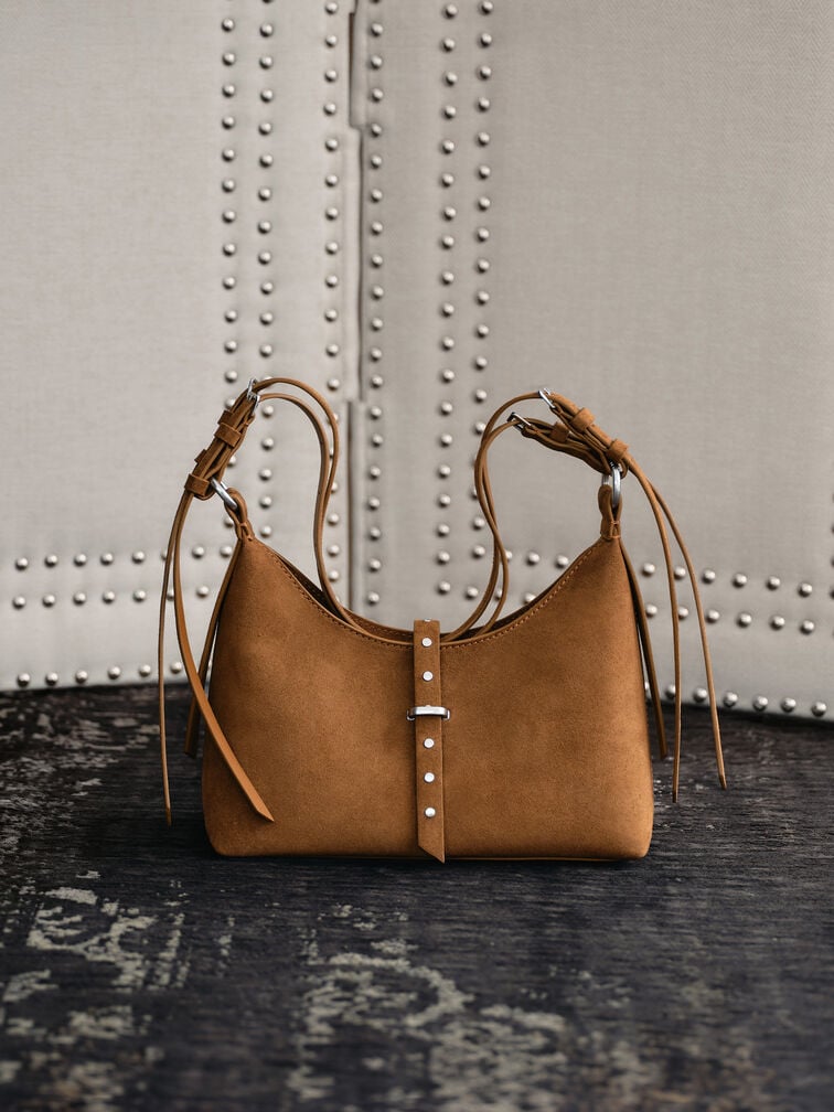 Lark Recycled Suede Studded Belted Shoulder Bag, Sienna Brown, hi-res