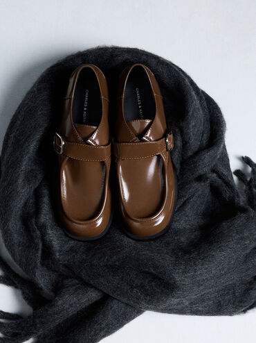 Buckled-Strap Loafers, Brown, hi-res