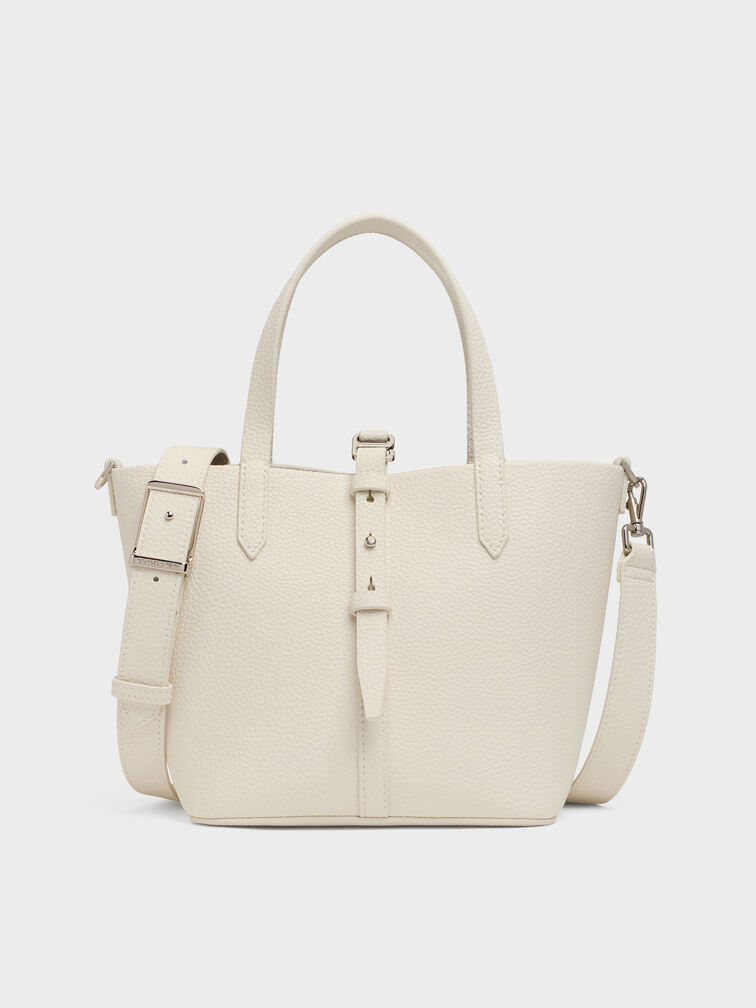 Beryl Recycled Leather Double-Handle Belted Bucket Bag, Cream, hi-res