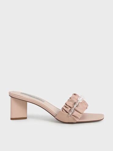 Beaded Ruched-Strap Satin Mules, , hi-res