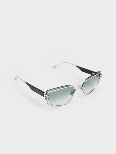 Metallic-Rimmed Geometric Sunglasses, สีดำ, hi-res
