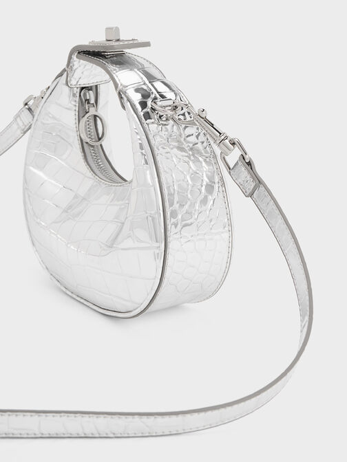 Mini Croc-Effect Metallic Moon Bag, สีเงิน, hi-res