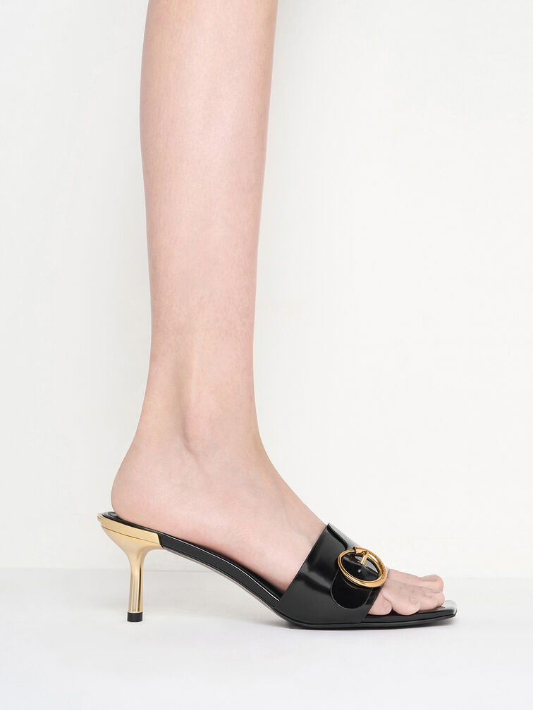 Metallic-Accent Buckled Square-Toe Mules, Black Boxed, hi-res