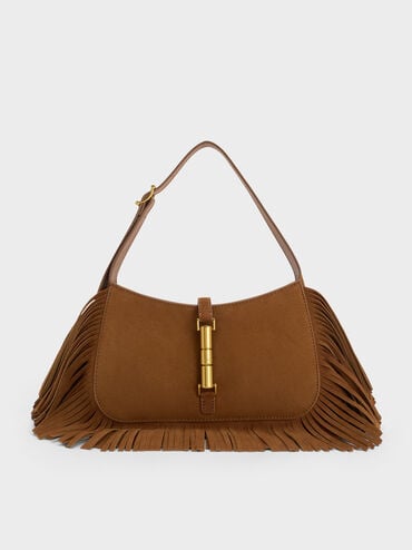 Cesia Recycled Suede Metallic-Accent Fringed Shoulder Bag, Sienna Brown, hi-res