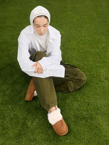รองเท้าแฟลตฟอร์มเปิดส้นแบบมีเท็กซ์เจอร์บุขนเฟอร์, สีน้ำตาล, hi-res