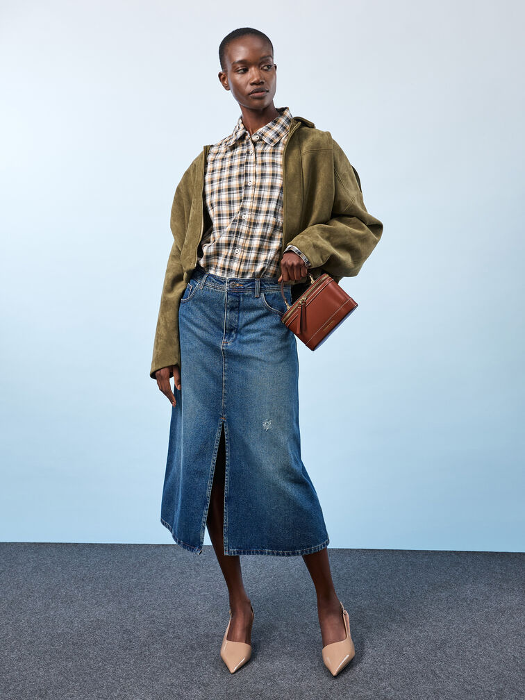 กระเป๋าถือทรงลูกบาศก์พร้อมหูจับด้านบนรุ่น Enola, สีอิฐ, hi-res