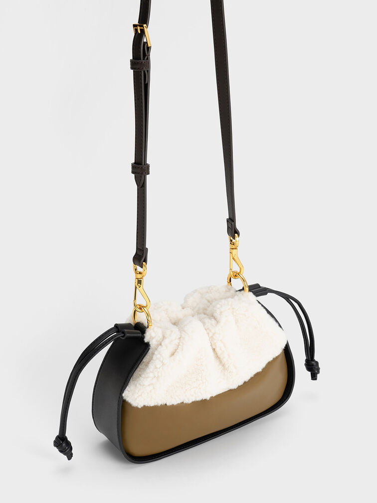 Furry Ruched Chain Handle Drawstring Bag, , hi-res