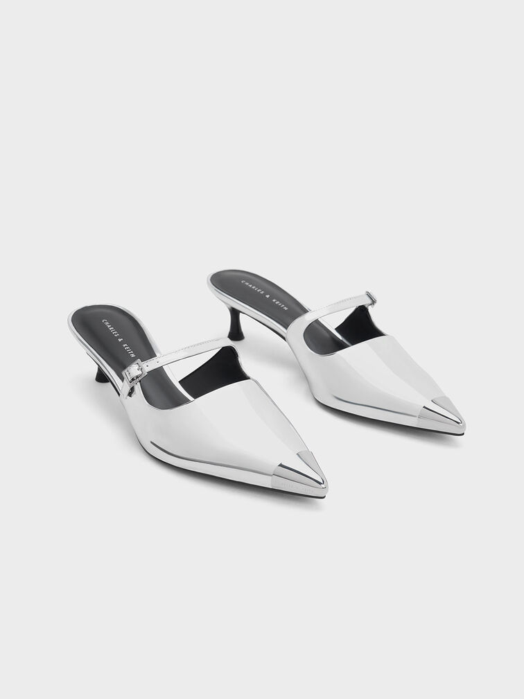 Metallic Cap Heeled Mules, , hi-res