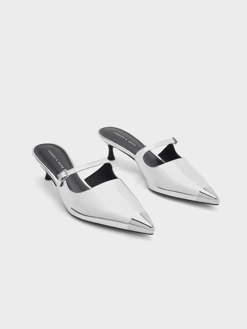 Metallic Cap Heeled Mules, Silver, hi-res