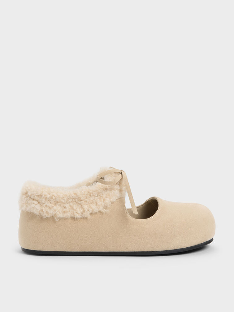Emila Faux Suede Fur-Trim Mary Jane Flats, Chalk, hi-res