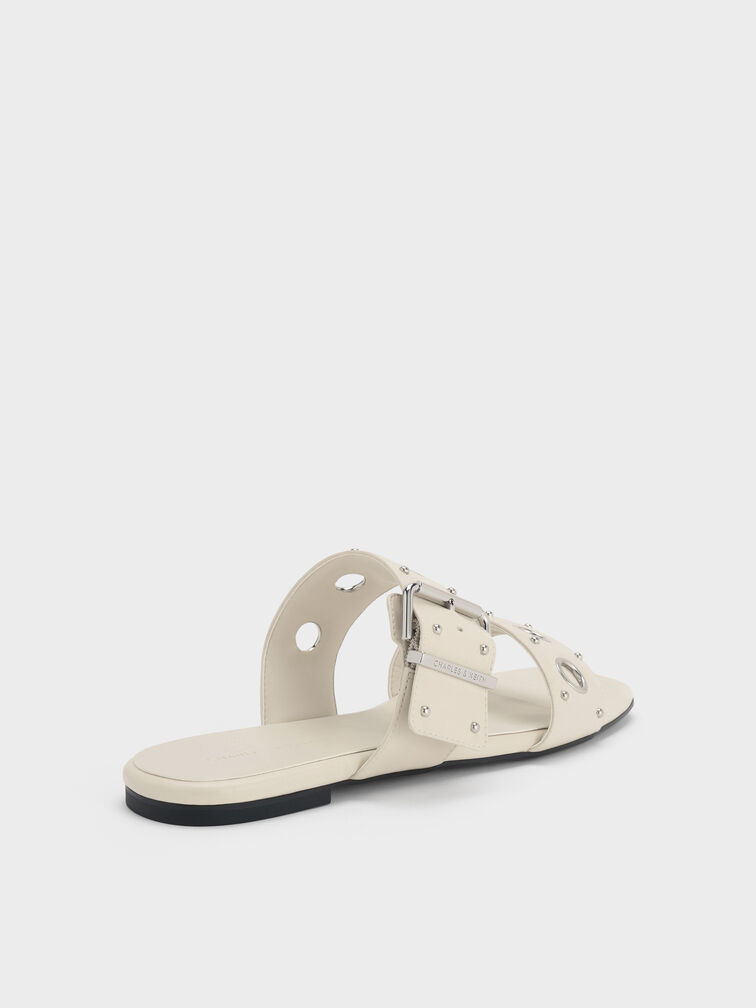 รองเท้าแตะแบบสวมประดับห่วงโลหะ, สีชอล์ค, hi-res