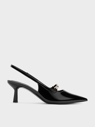 Patent Metallic Accent Slingback Pumps, หนังแก้วสีดำ, hi-res
